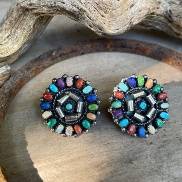 RARE Lorraine Waatsa Zuni Cluster Earrings Vintage Signed - Picture 1 of 8